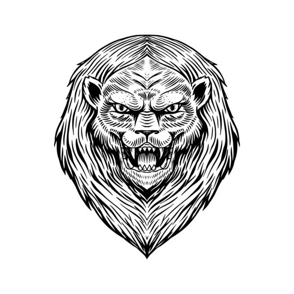 Gritando león loco o Leo. Animal para tatuaje o etiqueta. Bestia rugiente. Grabado a mano dibujado arte de línea Vintage antiguo boceto monocromo. Ilustración vectorial. — Vector de stock