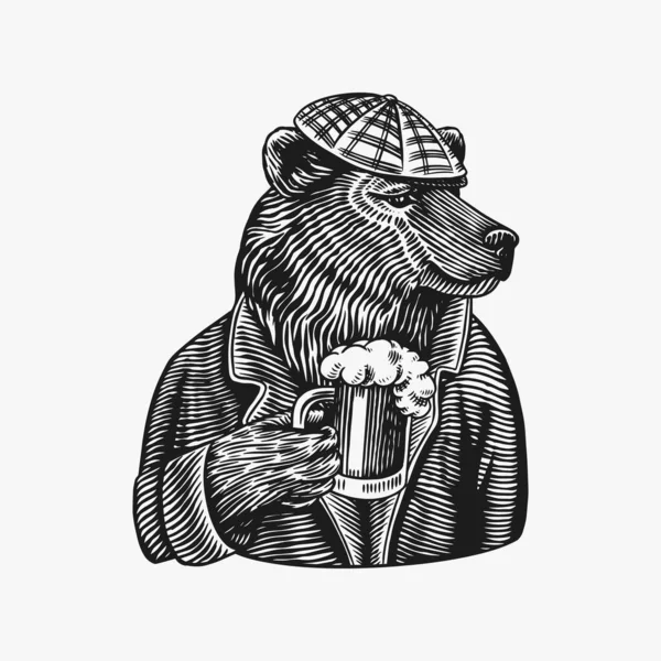 Urso Grizzly com uma caneca de cerveja. Cerveja com um copo de vidro. Personagem animal de moda. Uma besta selvagem num boné de um jornaleiro. Esboço desenhado à mão. Ilustração gravada em vetor para logotipo e tatuagem ou camisetas. —  Vetores de Stock