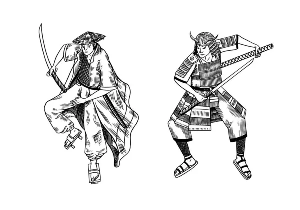 Prajurit samurai Jepang dengan sketsa senjata. Pria dengan pose bertarung. Gambar tangan sketsa vintage. Ilustrasi vektor dengan gaya monokrom. - Stok Vektor