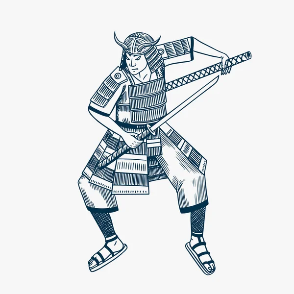 Prajurit samurai Jepang dengan sketsa senjata. Pria berpose bertarung dengan baju besi. Gambar tangan sketsa vintage. Ilustrasi vektor dengan gaya monokrom. - Stok Vektor
