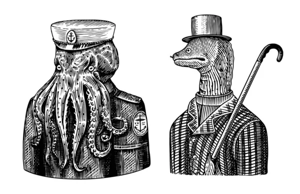 Octopus sailor. Sea captain and Muraena eels. Fashion Animal character. Nautical Seaman or nautical mariner. Hand drawn sketch. Vector engraved illustration for logo, label and tattoo or T-shirts. — Stock Vector