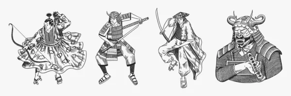 Conjunto de samuráis japoneses. Guerreros con bosquejo de armas. Hombres en una pose de lucha. Bocetos vintage dibujados a mano. Ilustración vectorial en estilo monocromo. — Vector de stock