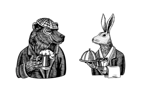 Grizzly Bear with a beer mug. Hare waiter. Brewer with a glass cup. Fashion animal character. Rabbit flunky or garcon. Hand drawn sketch. Vector engraved illustration for logo and tattoo or T-shirts. Vector Graphics