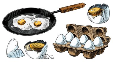 Yağda yumurta, omlet, kabuk ve ambalaj ile kızartma tavası. Çiftlik ürünü. Oymalı el çizimi, klasik bir eskiz. Ahşap kesim. Menü veya poster için vektör illüstrasyonu.