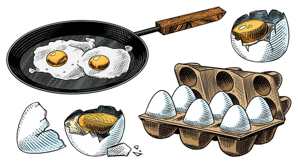 Сковородка с жареными яйцами и омлетом, оболочкой и упаковкой. Фермерский продукт. Выгравированный вручную винтажный рисунок. Деревянный стиль. Векторная иллюстрация для меню или плаката. — стоковый вектор