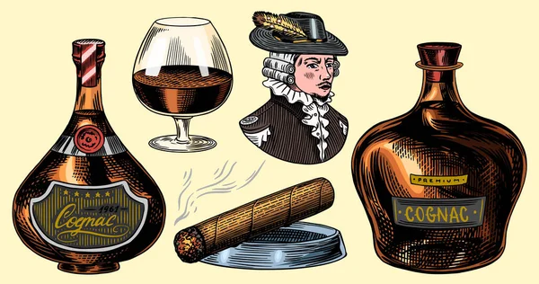 Des bouteilles de cognac. Gobelet de verre, cigare et gentleman ou duc. Esquisse vintage gravée à la main. Style Woodcut. Illustration vectorielle pour menu ou affiche. — Image vectorielle