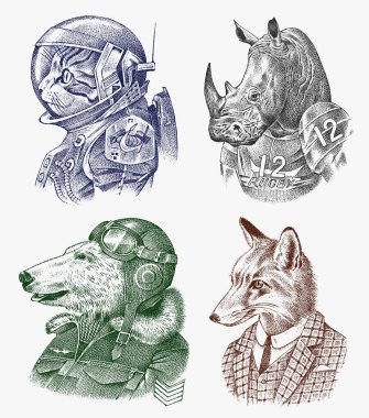 Fox ve Rhino takım elbise giymişler. Kedi ve Kutup Ayısı. Astronot ya da Astronot. Moda Hayvanı karakterleri seti. El çizimi eskiz. Etiket, logo ve tişört veya dövme için oymalı illüstrasyon.