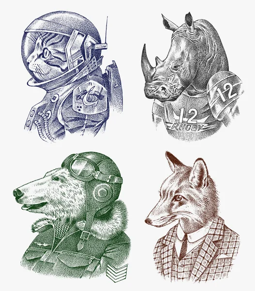 Fox e Rhino si sono vestiti in completo. Gatto e orso polare. Astronauta o Spaceman. Set di personaggi Fashion Animal. Schizzo disegnato a mano. Illustrazione incisa vettoriale per etichetta, logo e magliette o tatuaggio. — Vettoriale Stock