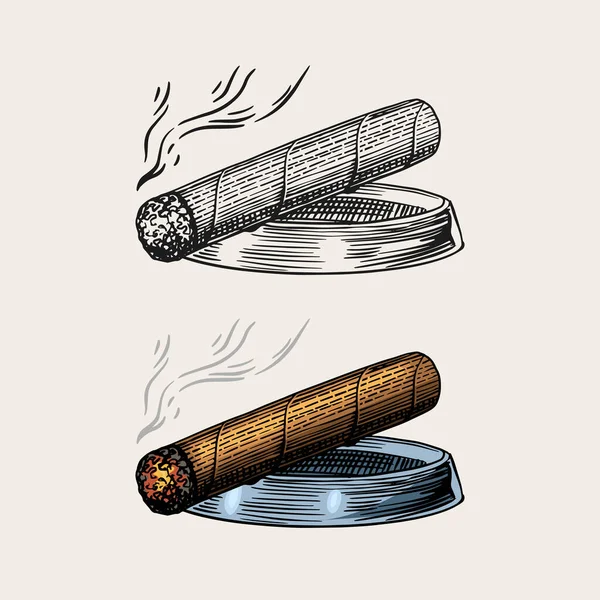 Cigarrillo o humo, emblema de caballero. Mala costumbre. Un cigarrillo clásico. mano grabada dibujada en un viejo boceto vintage. — Archivo Imágenes Vectoriales