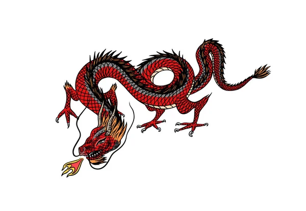 Kinesisk drake. Mytologiska djur eller asiatisk traditionell reptil. Symbol för tatuering eller etikett. Graverad handritad linjekonst Vintage gammal monokrom skiss, bläck. Vektorillustration. — Stock vektor