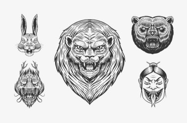 Boz ayı, aslan ve tavşan. Bağıran deli Leo ve tavşan. Çin ejderhası. Japon kadın yılan. Dövme ya da etiket için hayvan. Kükreyen canavar. Oymalı el çizimi sanat eseri Vintage eski monokrom çizimi. 
