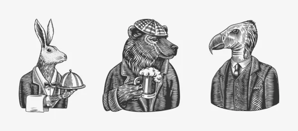Grizzly Bear with a beer mug. Hare or Rabbit waiter bird. Fashion animal character. Hand drawn sketch. Vector engraved illustration for label, logo and T-shirts or tattoo. Stock Illustration