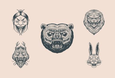 Boz ayı, aslan ve tavşan. Bağıran deli Leo ve tavşan. Çin ejderhası. Japon kadın yılan. Dövme ya da etiket için hayvan. Kükreyen canavar. Oymalı el çizimi sanat eseri Vintage eski monokrom çizimi. 
