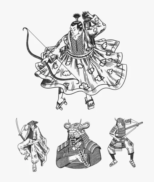 Japanese samurai set. Warriors with weapons sketch. Men in a fight pose. Hand drawn vintage sketches. Vector illustration in monochrome style. — Stock Vector