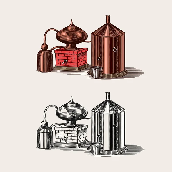 Alcohol destilado. Dispositivo para preparar tequila, coñac y licores. Dibujo vintage grabado a mano. Estilo Woodcut. Ilustración vectorial para menú o póster. — Archivo Imágenes Vectoriales