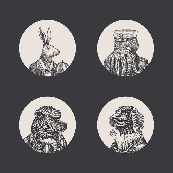 Grizzly Bear with a beer mug. Octopus sailor and Hare or Rabbit waiter. Dog officer. Fashion animal character. Hand drawn Vector engraved sketch for label and T-shirts or tattoo. Stock Vector