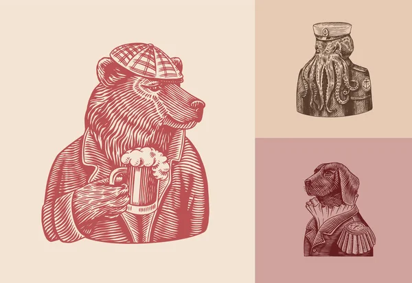 Grizzly Bear with a beer mug. Octopus sailor. Dog officer Fashion animal character. Hand drawn sketch. Vector engraved illustration for label, logo and T-shirts or tattoo. Stock Illustration