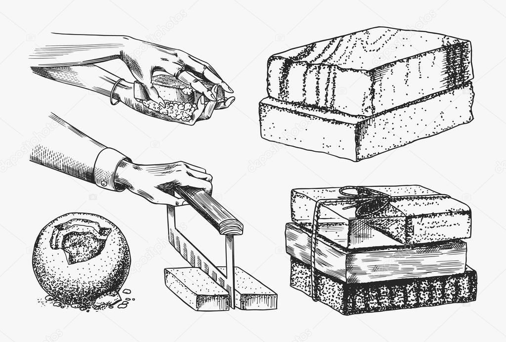 Bubble Bath soap set. Washing hands in vintage style. Homemade packaging. Foam production process. Organic cosmetic, natural lather. Drawn a monochrome engraved sketch for spa label or banner