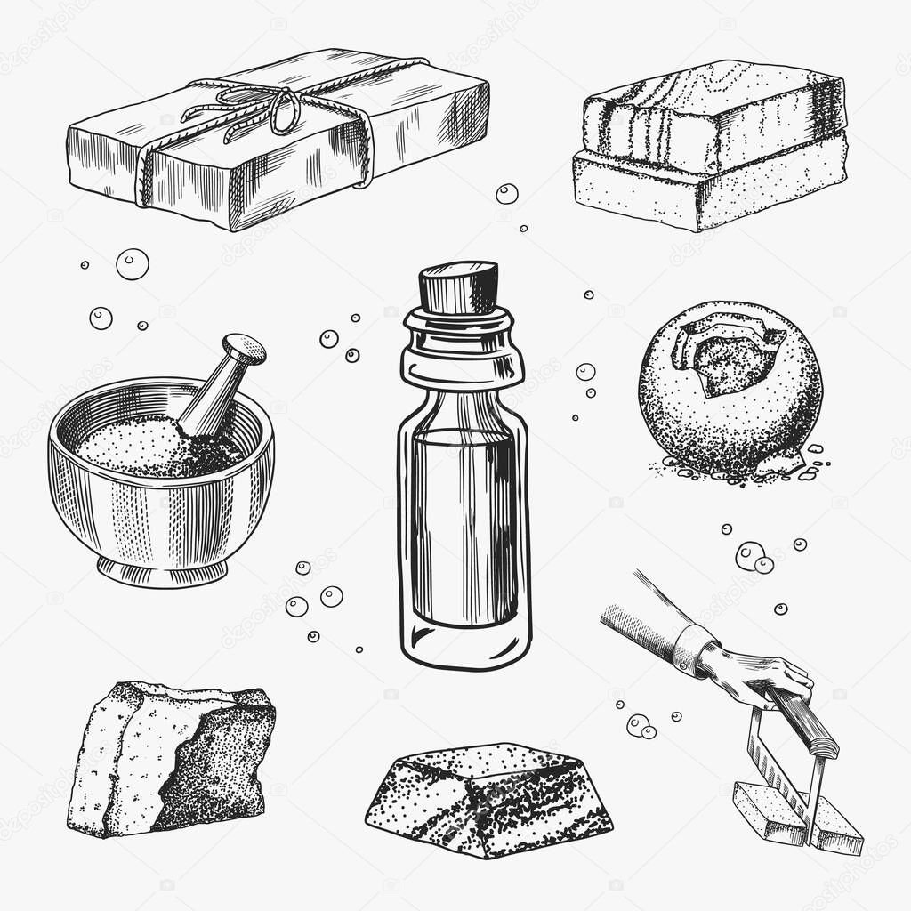 Bubble Bath soap set. Washing hands in vintage style. Homemade packaging. Foam production process. Organic cosmetic, natural lather. Drawn a monochrome engraved sketch for spa label or banner