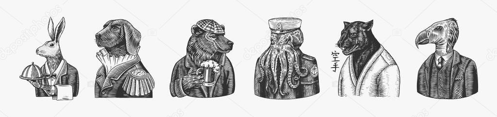 Grizzly Bear with a beer mug. Octopus sailor and Hare or Rabbit waiter. Dog officer and bird. Black panther and Bee biker. Japanese text means: karate. Fashion animal character. Hand drawn sketch. Royalty Free Stock Illustrations