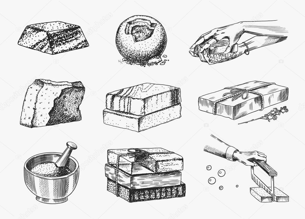 Bubble Bath soap set. Washing hands in vintage style. Homemade packaging. Foam production process. Organic cosmetic, natural lather. Drawn a monochrome engraved sketch for spa label or banner