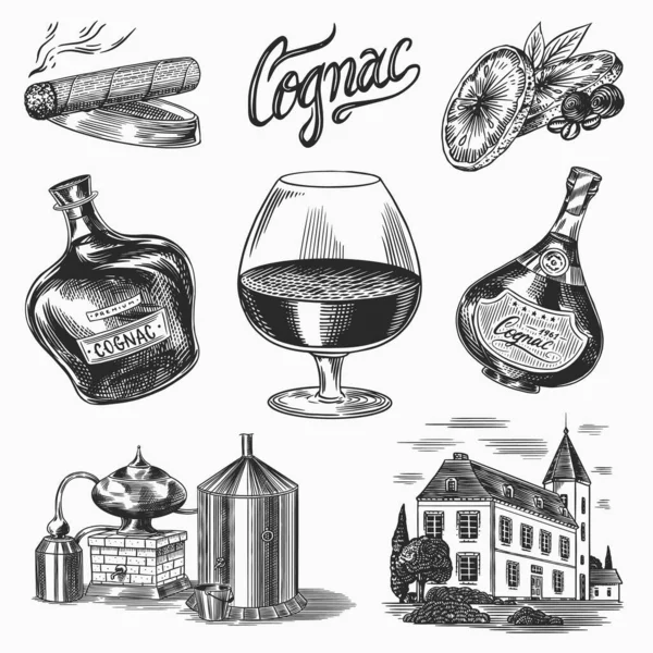 Coñac y vidrio. Botellas con etiquetas, cigarros y cócteles, dulces y granja, chocolate y hombre. Dibujo vintage grabado a mano. Estilo Woodcut. Ilustración vectorial para menú o póster. — Vector de stock