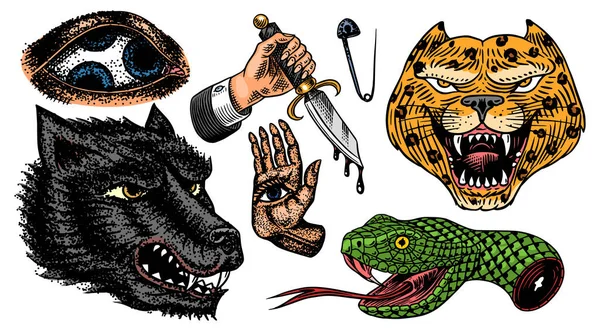 Conjunto de remendos de moda. Artesanato de tatuagem. Mão mágica mística. e cobra. Punhal Esotérico, Leopardo e Lobo. Gravado mão desenhado esboço vintage. Ilustração surreal vetorial, emblemas, impressão para t-shirt. — Vetor de Stock