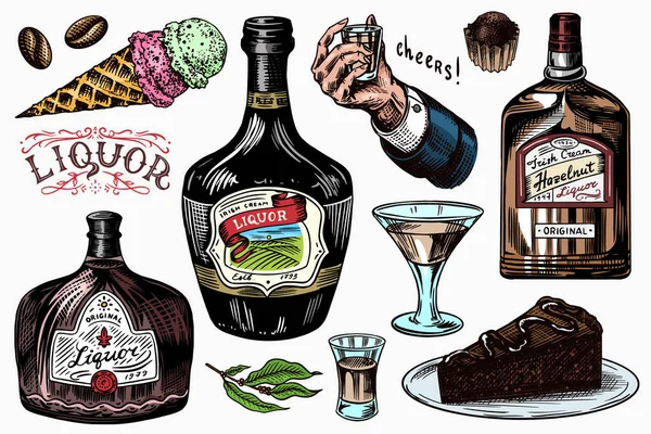 Ensemble d'alcool. Bouteille et injection et alcool distillé. Du verre à la main pour porter un toast. Cigare et bonbons, crème glacée et barre de chocolat. Esquisse vintage gravée à la main pour menu ou affiche. — Image vectorielle