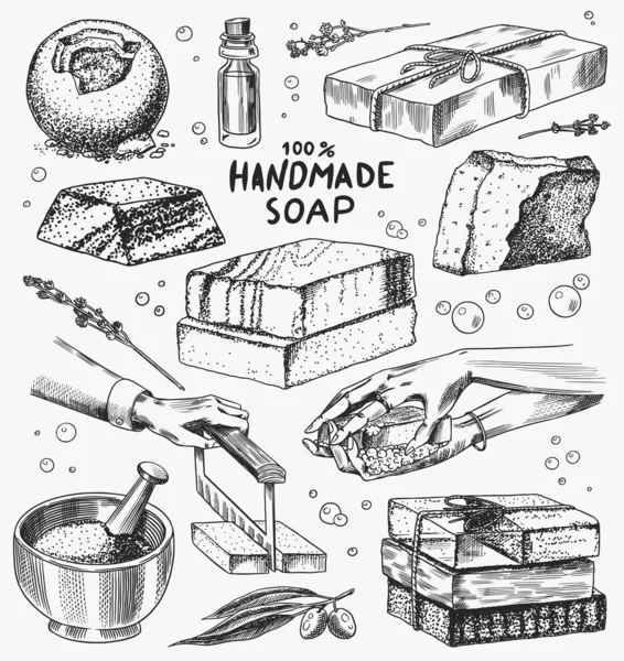 Köpük banyosu sabun seti. Ellerini klasik tarzda yıkıyorsun. Ev yapımı ambalaj. Köpük üretim süreci. Organik kozmetik, doğal köpük. Spa etiketi veya pankart için monokrom oymalı bir skeç çiz. — Stok Vektör