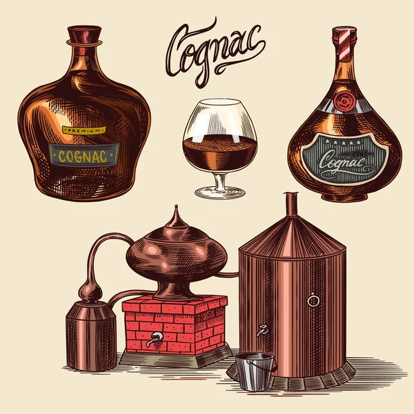 Cognac et verre. Bouteilles avec étiquettes, cigare et cocktail, bonbons et ferme, chocolat et homme. Esquisse vintage gravée à la main. Style Woodcut. Illustration vectorielle pour menu ou affiche. — Image vectorielle