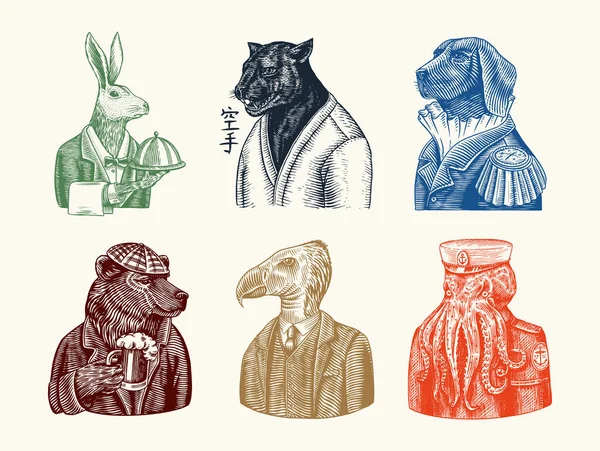 Grizzly Bear with a beer mug. Octopus sailor and Hare or Rabbit waiter. Dog officer and bird. Black panther and Japanese text means: karate. Fashion animal character. Hand drawn sketch. Royalty Free Stock Vectors