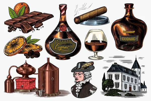 Cognac och hand med glas, flaskor med etiketter, cigarr och cocktail, sötsaker och gård, choklad och människa. Graverad handritad vintage skiss. Träsnitt. Vektor illustration för meny eller affisch. — Stock vektor