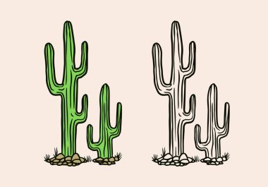 Nopal veya Meksika kaktüsü. Tropik yeşil bitki. Oymalı el çizimi, klasik bir eskiz. Ahşap kesim. Vektör illüstrasyonu.