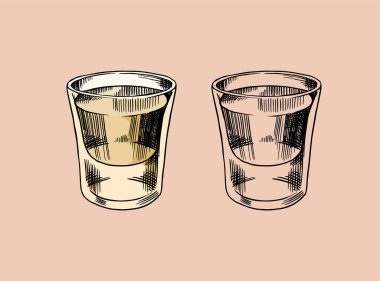 Sert bir içkiyle cam kadehler. Klasik Meksika tekila rozeti. Poster afişi için Alkolik Etiket. Tişört için elle çizilmiş taslak harfler.