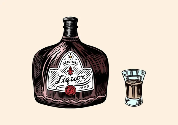 Uma garrafa de licor. Tiro de vidro com álcool. Uma bebida forte. Esboço vintage gravado à mão desenhado para menu ou cartaz. Ilustração vetorial —  Vetores de Stock