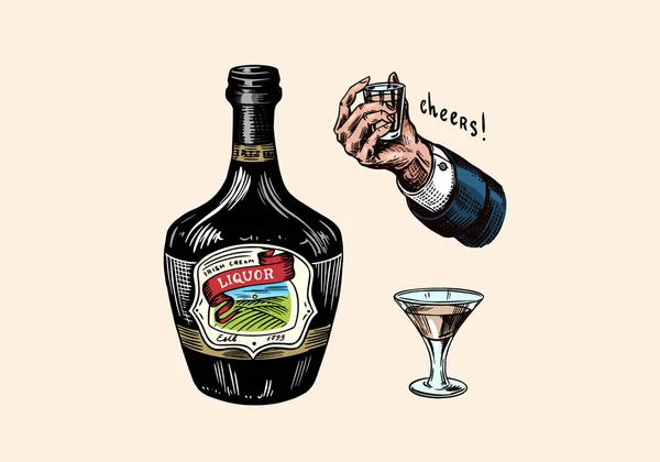 Bouteille en verre de liqueur. Main dans la main. À la tienne. Une boisson forte. Un badge américain. Étiquette alcoolisée. croquis gravé dessiné pour t-shirt. Cadre classique pour la bannière affiche bouteille. — Image vectorielle