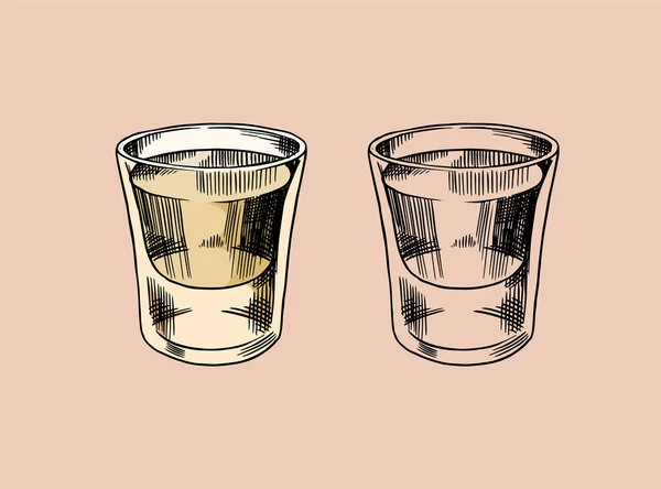 Des verres avec une boisson forte. Insigne mexicain vintage en tequila. Étiquette alcoolique pour bannière d'affiche. Esquisse gravée à la main lettrage pour t-shirt. — Image vectorielle