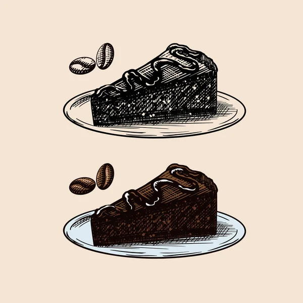 Postre de licor. Pastel de chocolate. Dibujo vintage grabado a mano. Estilo Woodcut. Ilustración vectorial para menú o póster. — Vector de stock