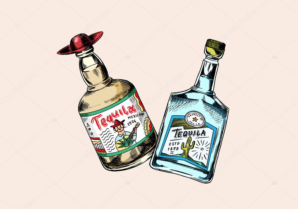  Glass Bottle with strong drink. Cheers toast. Vintage Mexican tequila badge. Alcoholic Label for poster banner. Hand Drawn engraved sketch for t-shirt.