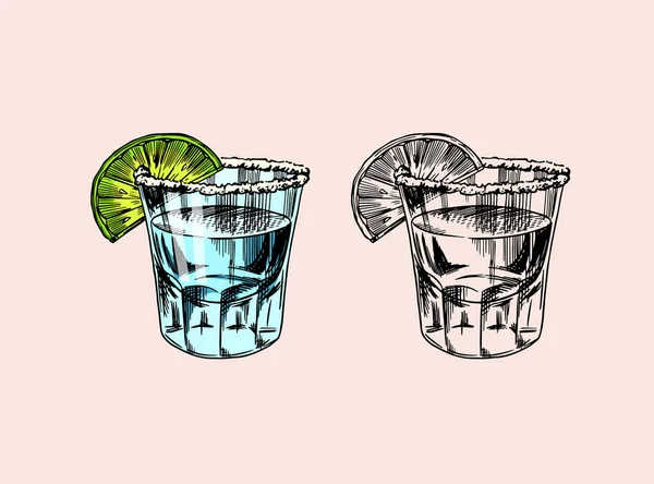 Glasschüsse mit starkem Getränk. Mexikanische Tequila-Abzeichen im Vintage-Stil. Alkoholetikett für Plakatbanner. Handgezeichnete gravierte Skizze Schriftzug für T-Shirt. — Stockvektor