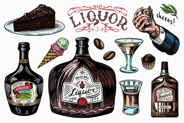 Ensemble d'alcool. Bouteille et injection et alcool distillé. Du verre à la main pour porter un toast. Cigare et bonbons, crème glacée et barre de chocolat. Esquisse vintage gravée à la main pour menu ou affiche. — Image vectorielle