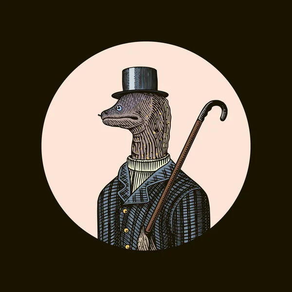 Muraena anguille gentleman dans un chapeau et costume avec une canne. Mode Caractère animal. Créature marine. Croquis dessiné à la main. Illustration vectorielle gravée pour logo, étiquette et tatouage ou T-shirts. — Image vectorielle