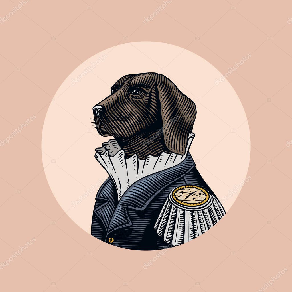 Dog officer or military man in the old uniform. Great Dane. Fashion animal character. Hand drawn vintage sketch. Vector engraved illustration for logo, label and tattoo or T-shirts. Vector