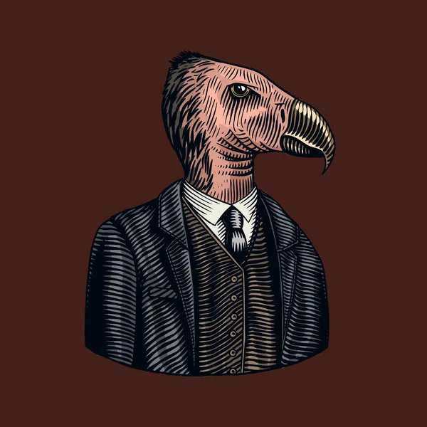 Condor gentleman della California. American Bird in costume. Personaggio animale di moda. Schizzo vintage disegnato a mano. Illustrazione incisa vettoriale per logo, etichetta e tatuaggio o magliette. — Vettoriale Stock