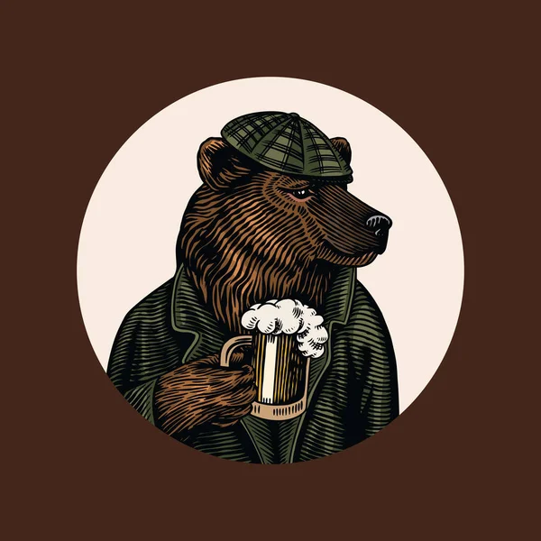 Grizzly Bear z kubkiem piwa. Piwko ze szklanym kubkiem. Charakter zwierzęcia mody. Dzika bestia w czapce gazeciarza. Ręcznie rysowany szkic. Grawerowana ilustracja wektora do logo i tatuażu lub T-shirtów. — Wektor stockowy