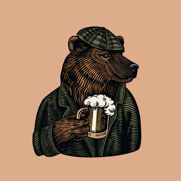 Urso Grizzly com uma caneca de cerveja. Cerveja com um copo de vidro. Personagem animal de moda. Uma besta selvagem num boné de um jornaleiro. Esboço desenhado à mão. Ilustração gravada em vetor para logotipo e tatuagem ou camisetas. —  Vetores de Stock