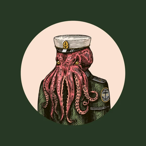 Marinheiro de polvo. Capitão do mar. Personagem animal da moda. Marinheiro náutico ou marítimo náutico. Esboço desenhado à mão. Ilustração gravada em vetor para logotipo, etiqueta e tatuagem ou camisetas. — Vetor de Stock