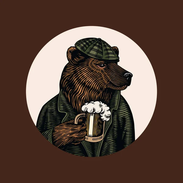 Grizzly Bear with a beer mug. Brewer with a glass cup. Fashion animal character. A wild beast in a newsboy s cap. Hand drawn sketch. Vector engraved illustration for logo and tattoo or T-shirts. Stock Illustration