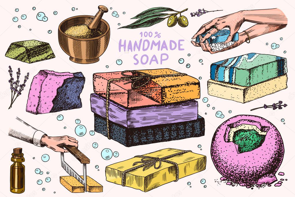 Bubble Bath soap set. Washing hands in vintage style. Homemade packaging. Foam production process. Organic cosmetic, natural lather. Drawn a monochrome engraved sketch for spa label or banner