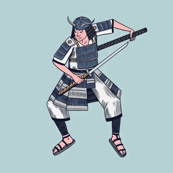 Samurai japonés. Guerreros con bosquejo de armas. Hombres en una pose de lucha. Bocetos vintage dibujados a mano. Ilustración vectorial en estilo monocromo. — Vector de stock